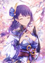 Rule 34 | 1girl, blunt bangs, blurry, blurry background, braid, branch, breasts, bridal gauntlets, bug, butterfly, cherry blossoms, cleavage, closed eyes, closed mouth, clothing cutout, commentary request, dappled sunlight, genshin impact, hair flowing over, hair ornament, hands up, head tilt, highres, insect, japanese clothes, kimono, large breasts, light particles, light smile, long braid, long hair, long sleeves, mole, mole under eye, neck ribbon, off shoulder, outdoors, purple butterfly, purple kimono, purple nails, raiden shogun, red ribbon, ribbon, shoulder cutout, single braid, solo, solo focus, standing, sunlight, wide sleeves, wuke euco