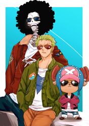 Rule 34 | 3boys, afro, antlers, blue background, blue pants, border, brook (one piece), brown jacket, brown pants, chabo (niwatori bosori), cigarette, commentary request, cowboy shot, crossed arms, green jacket, hands in pockets, highres, horns, jacket, looking at viewer, multiple boys, one piece, pants, pink jacket, reindeer antlers, roronoa zoro, scar, scar across eye, skeleton, sunglasses, tony tony chopper, v-shaped eyebrows, white border