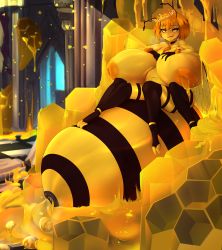 Rule 34 | 1girl, absurdres, antennae, arthropod girl, bee, bee girl, bee wings, black sclera, blush, breasts, bug, checkered floor, colored sclera, colored skin, commentary, crown, curvy, egg laying, english commentary, extra legs, gigantic breasts, grimmy, highres, honey, insect, insect girl, insect wings, inverted nipples, large areolae, medium hair, monster girl, navel, nude, orange hair, original, pillar, plump, smile, solo, striped, striped skin, wings, yellow eyes, yellow skin