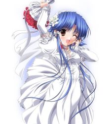 Rule 34 | 1girl, blue hair, dress, katsuragi kao, miyama-zero, princess bride, solo, wedding dress