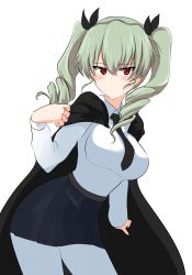 Rule 34 | 1girl, absurdres, aikir (jml5160), anchovy (girls und panzer), anzio school uniform, black cape, black necktie, black ribbon, black skirt, blush, cape, closed mouth, commentary, cowboy shot, dress shirt, drill hair, girls und panzer, green hair, hair ribbon, half-closed eyes, highres, leaning forward, light frown, long hair, long sleeves, looking at viewer, miniskirt, necktie, pantyhose, pleated skirt, red eyes, ribbon, school uniform, shirt, simple background, skirt, solo, standing, twin drills, twintails, white background, white pantyhose, white shirt, wing collar