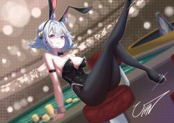 Rule 34 | 1girl, ass, bare shoulders, blurry, blurry background, breasts, casino, character request, filian (vtuber), grey hair, large breasts, leotard, pantyhose, playboy bunny, purple eyes, shoes, short hair, signature, sitting, smile, uhen, virtual youtuber, wrist cuffs