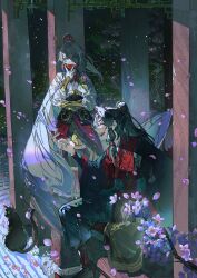 Rule 34 | 2boys, absurdres, archer (fate/samurai remnant), black cat, black hair, bowl, cape, cat, cherry blossoms, chinese clothes, closed eyes, fate/samurai remnant, fate (series), grey hair, hair ornament, hanfu, highres, holding, holding bowl, long hair, male focus, multicolored hair, multiple boys, mura karuki, ponytail, robe, sash, sidelocks, smile, yellow eyes, zheng chenggong (fate)