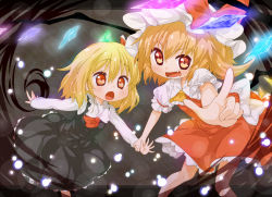 Rule 34 | 2girls, arm grab, ascot, bad id, bad pixiv id, black dress, blonde hair, child, dress, embodiment of scarlet devil, fangs, female focus, flandre scarlet, hair ribbon, hat, holding another&#039;s wrist, jigatei (omijin), multiple girls, open mouth, pointing, pointy ears, red dress, red eyes, ribbon, rumia, side ponytail, touhou, wings