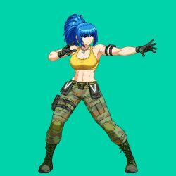 Rule 34 | 1girl, abs, aoi ship, arm pouch, bare shoulders, biceps, blue hair, boots, breasts, camouflage, camouflage pants, cargo pants, cleavage, combat boots, crop top, dog tags, earrings, jewelry, large breasts, leona heidern, long hair, muscular, muscular female, navel, pants, pixel art, ponytail, simple background, snk, soldier, solo, tank top, the king of fighters, the king of fighters xiv, triangle earrings, yellow tank top