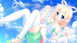 Rule 34 | :d, akarin (sakuraakarin), anklet, arm ribbon, armband, arms up, blonde hair, blue eyes, blue sky, bow, breasts, child, choker, cloud, cloudy sky, cute (module), day, gem, green ribbon, green shirt, green shorts, hair bow, hair ornament, hair ribbon, hairclip, headphones, highres, jewelry, kagamine rin, knees up, looking at viewer, musical note, necklace, ocean, open mouth, outline, pink outline, pink ribbon, project diva (series), puffy shorts, rainbow, ribbon, shirt, short hair, shorts, sky, small breasts, smile, solo, thighhighs, vest, white bow, white headwear, white ribbon, white vest, white wings, wings, wrist cuffs, zettai ryouiki