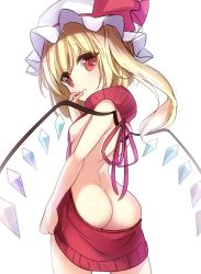 Rule 34 | 1girl, ass, back, back cutout, backless dress, backless outfit, bare back, bare shoulders, blonde hair, blush, bow, breasts, butt crack, clothing cutout, cowboy shot, crystal, dress, flandre scarlet, halterneck, hand to own mouth, hand up, hat, hat bow, highres, janne cherry, legs apart, long hair, looking at viewer, meme attire, mob cap, naked sweater, open mouth, red eyes, red sweater, ribbed sweater, ribbon, shoulder blades, side ponytail, sideboob, simple background, small breasts, solo, sweater, sweater dress, touhou, touhoukako (kantai collection), turtleneck, turtleneck sweater, virgin killer sweater, white background, white hat, wings