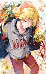 Rule 34 | 1boy, banner, black hoodie, blonde hair, bouquet, box, collarbone, confetti, copyright name, drawstring, english text, flower, gift, gift box, grey eyes, grin, happy birthday, hirai yuzuki, holding, holding bouquet, hood, hoodie, kanda shouichi, light particles, male focus, nijisanji, official art, one eye closed, pants, pink flower, red pants, red ribbon, ribbon, slit pupils, smile, solo, standing, streamers, table, teeth, virtual youtuber, watercolor background, yellow flower