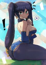Rule 34 | !, 1girl, absurdres, ass, black hair, black ribbon, blue leotard, blush, breasts, cloud, detached collar, detached sleeves, earrings, from behind, genshin impact, grass, green eyes, grey pantyhose, hair ribbon, heart, highres, huge ass, jewelry, large breasts, leotard, light rays, long hair, long sleeves, looking at viewer, looking back, mona (genshin impact), pantyhose, ribbon, sitting, sky, smile, sparkle, speech bubble, spoken heart, sunbeam, sunlight, thick thighs, thighs, tony welt, twintails