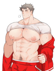 Rule 34 | 1boy, abs, artist name, bara, clothes lift, feet out of frame, green eyes, grey hair, jacket, ketanbakar, large pectorals, long sleeves, looking to the side, male focus, manly, mature male, messy hair, muscular, muscular male, navel, navel hair, nipples, original, pectorals, puffy nipples, shirt lift, short hair, shorts, signature, simple background, solo, sweat, sweatdrop, tank top, thick arms, white background