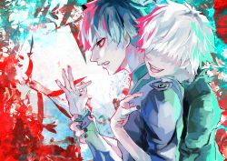 Rule 34 | 2boys, :d, absurdres, alternate color, black nails, dual persona, green shirt, grey hair, hair over eyes, hands up, highres, holding another&#039;s wrist, hug, hug from behind, jacket, kaneki ken, kyuuba melo, multicolored hair, multiple boys, nail polish, open mouth, pale skin, pink hair, red background, red eyes, sasaki haise, shirt, short hair, smile, teeth, tokyo ghoul, upper body, upper teeth only, white background
