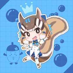 Rule 34 | 1girl, acorn, animal ears, blue background, boots, brown eyes, brown hair, chipmunk ears, chipmunk girl, chipmunk tail, extra ears, full body, gloves, kemono friends, kemono friends v project, looking at viewer, microphone, ribbon, shika kirin, shirt, short hair, shorts, siberian chipmunk (kemono friends), simple background, tail, thighhighs, vest, virtual youtuber