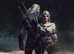 Rule 34 | 1boy, 1girl, 3d, absurdres, armor, back-to-back, bartlomiej gawel, beard, belt, black belt, blood, blood on clothes, bow (weapon), bra strap, breasts, brown gloves, buttons, chainmail, ciri, closed mouth, cloud, cloudy sky, collarbone, collarless shirt, commentary, cowboy shot, crossbow, dagger, english commentary, facial hair, flying, from behind, geralt of rivia, gloves, grey sky, highres, holding, holding sword, holding weapon, jacket, jewelry, knife, leather, leather belt, lips, long sleeves, looking at viewer, looking to the side, manly, medium hair, monster, official art, outdoors, over shoulder, pants, ponytail, pouch, scar, scar across eye, scar on face, serious, shaded face, shirt, silver hair, sky, standing, sword, sword behind back, the witcher (series), the witcher 3, upper body, weapon, weapon on back, weapon over shoulder, white shirt