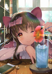 Rule 34 | 1girl, ;), bendy straw, blouse, blurry, blurry background, blush, bow, brown eyes, cellphone, cellphone charm, center frills, charm (object), closed mouth, cup, drinking glass, drinking straw, eyebrows, flower, frilled sleeves, frills, hair between eyes, hair bow, head rest, head tilt, highres, ice, ice cube, indoors, layered sleeves, lens flare, light particles, long hair, long sleeves, looking at viewer, one eye closed, orange eyes, original, phone, pink bow, pink shirt, shelf, shirt, short over long sleeves, short sleeves, smartphone, smile, solo, sunlight, table, tareme, window, xiaosan ye