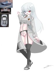 Rule 34 | 1girl, absurdres, black necktie, black thighhighs, blue eyes, breasts, clenched hand, cropped jacket, cropped shirt, elll, garter straps, grey jacket, heterochromia, highres, jacket, necktie, open hand, original, personification, photo inset, porsche, porsche carrera gt, red eyes, reference inset, revealing clothes, sharp teeth, shirt, signature, skindentation, small breasts, smile, solo, teeth, thighhighs, vehicle and personification, white shirt