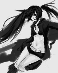 Rule 34 | 10s, 1girl, bikini, bikini top only, black hair, black rock shooter, black rock shooter (character), boots, flat chest, greyscale, hood, hooded jacket, jacket, knee boots, long hair, midriff, monochrome, navel, open clothes, open jacket, pas (paxiti), scar, shorts, solo, swimsuit, twintails, unfinished