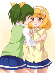 Rule 34 | 10s, 2girls, blonde hair, blush, cardigan, eye contact, green eyes, green hair, green sweater vest, hairband, hug, imminent kiss, kise yayoi, looking at another, midorikawa nao, multiple girls, nemou, nervous, ponytail, precure, school uniform, short hair, shy, simple background, skirt, sleeves rolled up, smile precure!, sweat, sweater vest, tears, white background, white hairband, yellow eyes, yuri