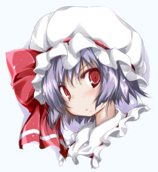 Rule 34 | 1girl, bad id, bad pixiv id, blue hair, female focus, hat, hat ribbon, light purple hair, looking at viewer, parted lips, portrait, red eyes, remilia scarlet, ribbon, short hair, silver hair, solo, touhou, upper body, yumesato makura