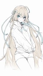 1girl ahoge blue_eyes blue_ribbon blush brown_hair closed_mouth hair_ribbon highres hood hoodie long_hair long_sleeves looking_at_viewer monochrome original ribbon sketch sleeves_past_wrists snow_is solo twitter_username very_long_hair