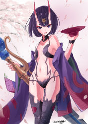Rule 34 | 1girl, absurdres, bare shoulders, bob cut, breasts, collarbone, cup, eyeliner, fate/grand order, fate (series), headpiece, highres, horns, japanese clothes, kimono, kirin king, long sleeves, looking at viewer, makeup, navel, off shoulder, oni, open clothes, open kimono, open mouth, purple eyes, purple hair, purple kimono, revealing clothes, sakazuki, short hair, shuten douji (fate), skin-covered horns, small breasts, smile, solo, sword, thighs, weapon, wide sleeves