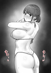 Rule 34 | 1girl, absurdres, ass, bikini, greyscale, highres, looking at viewer, looking back, monochrome, original, parted bangs, short hair, short twintails, solo, standing, sweat, swimsuit, tantanmen72, twintails