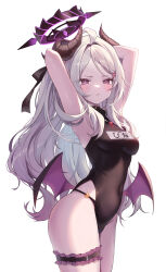 Rule 34 | 1girl, absurdres, ahoge, armpits, arms behind head, arms up, bare arms, bare shoulders, black choker, black garter, black one-piece swimsuit, black ribbon, blue archive, blush, breasts, bridal garter, character name, choker, closed mouth, covered navel, cowboy shot, demon horns, demon wings, doongdang, frilled garter, hair ornament, hair ribbon, hairclip, halo, heart, highleg, highleg swimsuit, highres, hina (blue archive), horns, long hair, looking at viewer, low wings, medium breasts, multiple horns, name tag, one-piece swimsuit, parted bangs, purple eyes, ribbon, sidelocks, simple background, solo, sweatdrop, swimsuit, thighs, very long hair, wavy hair, whistle, whistle around neck, white background, white hair, wings