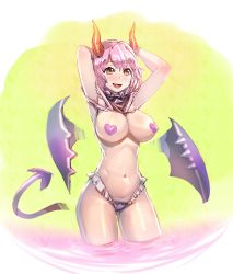 Rule 34 | 1girl, :d, armpits, arms behind head, blush, bow (bhp), breasts, brown eyes, cleavage, demon girl, fang, frills, heart pasties, horns, large breasts, navel, open mouth, original, pasties, pink hair, smile, solo, standing, tail, wings