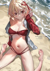 Rule 34 | 1girl, artist name, barefoot, beach, bikini, blonde hair, breasts, crossed bangs, from above, grey jacket, hair between eyes, hair ribbon, jacket, long sleeves, looking at viewer, lycoris recoil, medium breasts, multicolored clothes, multicolored jacket, navel, nishikigi chisato, open clothes, open jacket, parted lips, red bikini, red eyes, red jacket, red ribbon, ribbon, sand, short hair, sitting, smile, soles, solo, swimsuit, sydus, thighs, toes, two-tone jacket, wariza