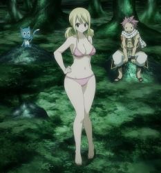 Rule 34 | barefoot, bikini, blonde hair, blush, breasts, brown eyes, cleavage, fairy tail, feet, full body, hand on own hip, happy (fairy tail), highres, large breasts, looking at viewer, lucy heartfilia, natsu dragneel, screencap, stitched, swimsuit, third-party edit, twintails, wide hips