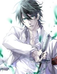 Rule 34 | 1boy, armband, bad id, bad pixiv id, black hair, black nails, bleach, blue eyes, collarbone, collared shirt, dress shirt, hair between eyes, highres, hishui prpr, holding, holding sword, holding weapon, jacket, looking at viewer, male focus, nail polish, open clothes, open jacket, open mouth, shirt, short hair, solo, sword, ulquiorra cifer, weapon, white jacket, white shirt, wing collar