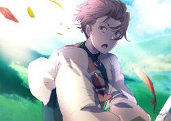 Rule 34 | 1boy, black shirt, brown eyes, brown hair, cloud, denim powell, grass, highres, jacket, jewelry, long sleeves, looking at viewer, male focus, miyama (lacrima01), open mouth, outdoors, shirt, short hair, signature, solo, tactics ogre, white jacket