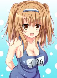 Rule 34 | 10s, 1girl, arms behind back, breasts, brown eyes, cleavage, clothes writing, hairband, highres, i-26 (kancolle), kantai collection, large breasts, light brown hair, long hair, looking at viewer, name tag, nanakiri (izakaya nanana), one-piece swimsuit, open mouth, school swimsuit, smile, solo, swimsuit, two-tone hairband, two side up