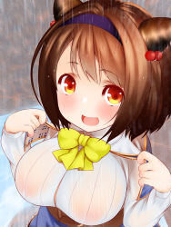 Rule 34 | 1girl, :d, absurdres, blush, breasts, brown eyes, brown hair, endou-jun, from above, granblue fantasy, hair bobbles, hair ornament, hairband, highres, horns, large breasts, long sleeves, looking at viewer, open mouth, rain, shirt, short hair, smile, solo, wet, wet clothes, wet hair, white shirt, yaia (granblue fantasy), yellow neckwear