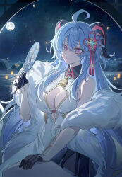 Rule 34 | 1girl, absurdres, ahoge, bell, blue hair, breasts, chinese commentary, commentary, echj, ganyu (genshin impact), genshin impact, gloves, hair between eyes, hand fan, highres, horns, looking at viewer, medium breasts, moon, mountainous horizon, neck bell, night, skirt, smile, solo, water