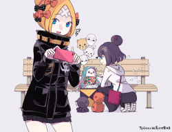 Rule 34 | 2girls, abigail williams (fate), abigail williams (traveling outfit) (fate), bag, balloon, bandaid, bandaid on face, bandaid on forehead, belt, bench, black bow, black footwear, black jacket, blonde hair, blue eyes, bow, breasts, cellphone, closed mouth, crossed bandaids, fate/grand order, fate (series), forehead, grey background, grey pants, hair bow, hair bun, hair ornament, hairpin, heroic spirit traveling outfit, high collar, hood, hooded sweater, jacket, katsushika hokusai (fate), katsushika hokusai (traveling outfit) (fate), legs, long hair, long sleeves, medium breasts, multiple girls, multiple hair bows, octopus, official alternate costume, orange belt, orange bow, pants, parted bangs, pen, phone, polka dot, polka dot bow, purple hair, short hair, shoulder bag, simple background, single hair bun, sketchbook, sleeves past fingers, sleeves past wrists, small breasts, smile, squatting, stuffed animal, stuffed toy, sweater, teddy bear, tokitarou (fate), white sweater, zka