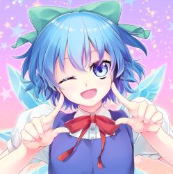 Rule 34 | 1girl, blue eyes, blue hair, blush, cirno, gradient background, hair ornament, hair ribbon, ho-cki, ice, ice wings, looking at viewer, one eye closed, open mouth, puffy sleeves, ribbon, short hair, short sleeves, smile, solo, star (symbol), touhou, upper body, wings