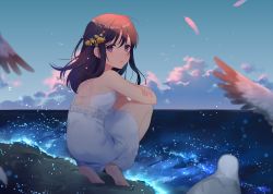 Rule 34 | 1girl, achiki, animal, ass, bare arms, bare shoulders, barefoot, beach, bioluminescence, bird, black hair, blue sky, blurry, blurry foreground, chestnut mouth, cloud, cloudy sky, commentary request, crossed arms, day, depth of field, dress, feathers, from behind, glowing, hair ornament, horizon, long hair, looking at viewer, looking back, ocean, original, outdoors, parted lips, purple eyes, sidelocks, sky, sleeveless, sleeveless dress, solo, squatting, star (symbol), star hair ornament, sundress, water, white dress