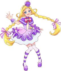 Rule 34 | 1girl, :d, blonde hair, blue eyes, blush, braid, commentary request, cure friendy, dress, eyelashes, fpminnie1, hair ornament, hairband, happy, highres, inukai iroha, long hair, low twin braids, low twintails, magical girl, open mouth, precure, purple dress, purple wrist cuffs, simple background, sketch, smile, solo, standing, thighhighs, thighs, twin braids, twintails, white background, wonderful precure!, wrist cuffs
