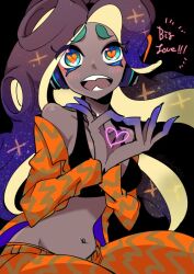 1girl blush bra breasts dark-skinned_female dark_skin headphones heart heart-shaped_pupils hirafumi hirafuming marina_(splatoon) medium_breasts nintendo octoling open_clothes open_shirt pants solo splatoon_(series) splatoon_3 symbol-shaped_pupils tentacle_hair underwear