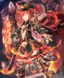 Rule 34 | 10s, 1girl, animal ears, armor, armored boots, artist request, belt, boots, cape, castle, chain, cygames, embers, flaming sword, flaming weapon, gun, hand on own hip, handgun, hat, long hair, navel, official art, orange eyes, orthrus (shadowverse), peaked cap, red hair, ribbon, scabbard, shadowverse, sheath, shingeki no bahamut, sword, torn cape, torn clothes, weapon