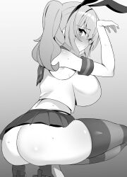 Rule 34 | 1girl, absurdres, ass, blush, breasts, closed mouth, cosplay, crop top, elbow gloves, enishi96, gloves, greyscale, hair between eyes, hairband, highres, huge breasts, kantai collection, kashima (kancolle), large breasts, long hair, looking at viewer, miniskirt, monochrome, nose blush, pleated skirt, rudder footwear, sailor collar, shimakaze (kancolle), shimakaze (kancolle) (cosplay), simple background, skirt, solo, squatting, striped clothes, striped thighhighs, sweat, thighhighs, twintails, wavy hair