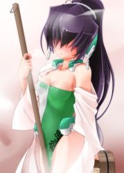 Rule 34 | 1girl, arm behind back, bare shoulders, black hair, blush, breasts, bucket, cleavage, closed mouth, clothes writing, collarbone, from side, hair over eyes, head tilt, highleg, highleg leotard, highres, hisame genta, holding, holding bucket, kyoukaisenjou no horizon, leotard, long hair, medium breasts, mukai suzu, nose blush, off shoulder, ponytail, shiny skin, smile, solo, standing, steam, sweat, very long hair