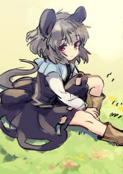 Rule 34 | 1girl, animal ears, bloomers, dress, grey dress, grey hair, long sleeves, looking at viewer, mouse ears, mouse tail, nazrin, open mouth, red eyes, sitting, solo, tail, tomobe kinuko, touhou, underwear