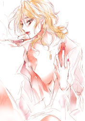 Rule 34 | 10s, 1girl, blonde hair, cigarette, eyelashes, jewelry, jitome, karanomori shion, lipstick, makeup, nail polish, necklace, parted lips, psycho-pass, red eyes, red lips, shirt, short hair, solo, tima, undressing, white shirt