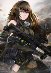 Rule 34 | 1girl, absurdres, assault rifle, bare shoulders, black gloves, black shorts, black thighhighs, brown hair, caiman pool, elbow gloves, girls&#039; frontline, gloves, green eyes, gun, highres, holding, holding gun, holding weapon, long hair, looking at viewer, m4 carbine, m4a1 (girls&#039; frontline), m4a1 (mod3) (girls&#039; frontline), open mouth, rifle, scarf, shirt, shorts, sleeveless, sleeveless shirt, solo, teeth, thighhighs, weapon