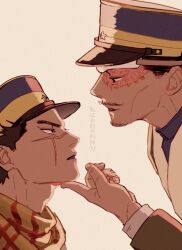 Rule 34 | 2boys, black eyes, black hair, eye contact, facial hair, facial scar, forehead protector, goatee, golden kamuy, half-closed eyes, hand on another&#039;s chin, hat, kepi, long sleeves, looking at another, male focus, military hat, military uniform, multiple boys, mustache, protected link, scar, scar on cheek, scar on face, scar on nose, short hair, sugimoto saichi, tonta (tonta1231), translation request, tsurumi tokushirou, unamused, uniform
