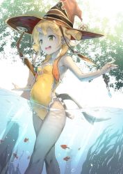 Rule 34 | 1girl, blonde hair, breasts, covered navel, day, fish, hat, horns, neo-masterpeacer, one-piece swimsuit, open mouth, original, outdoors, outstretched arms, pointy ears, single horn, small breasts, smile, solo, summer, sunlight, swimsuit, tail, teeth, tree, two side up, wading, water, witch hat, yellow eyes, yellow one-piece swimsuit