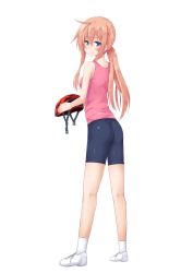 Rule 34 | 1girl, ass, bike shorts, blue eyes, blush, character request, from behind, helmet, highres, long hair, looking back, pink hair, ponytail, ryujaku taketora, shoes, shorts, sidelocks, simple background, smile, sneakers, socks, solo, vest, white background