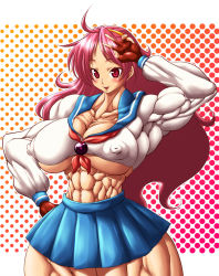Rule 34 | abs, asamiya athena, biceps, blush, breasts, cleavage, extreme muscles, fingerless gloves, gloves, headband, huge breasts, muscular, nipples, pink hair, psycho soldier, purukogi (plasma beach), red eyes, school uniform, smile, snk, the king of fighters, v
