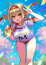 Rule 34 | 10s, ahoge, blonde hair, blouse, blurry, blush, braid, breasts, buruma, character name, confetti, day, depth of field, fate/extra, fate/grand order, fate (series), french braid, glint, green eyes, gym shirt, hair between eyes, hair bun, hair intakes, hand up, hanging breasts, headband, heart, hip focus, jewelry, large breasts, leaning forward, looking at viewer, medal, moze, name tag, necklace, nero claudius (fate), nero claudius (fate) (all), nero claudius (fate/extra), nero claudius (olympian bloomers) (fate), oekaki, official alternate costume, open mouth, outdoors, red buruma, red headband, shirt, single hair bun, smile, solo, sparkle, spoken heart, standing, thighs, v, white shirt